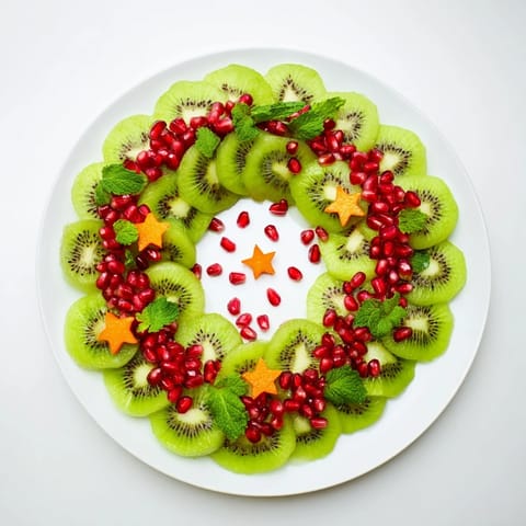 Bright red pomegranate seeds sparkle atop green kiwi in this colorful Christmas fruit wreath.