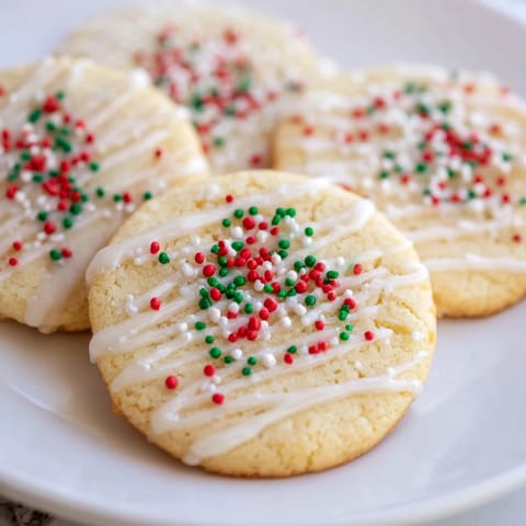 Close-up of freshly baked Holiday Cookies with Icing Drizzle, perfect for sharing at a holiday party.
