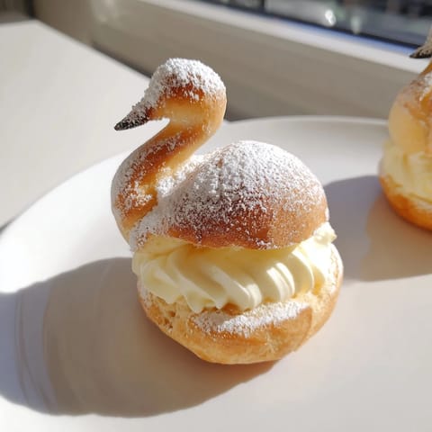 Golden-brown Elegant Swan Mini Pastries, light and airy, filled with creamy vanilla filling, ready to eat.