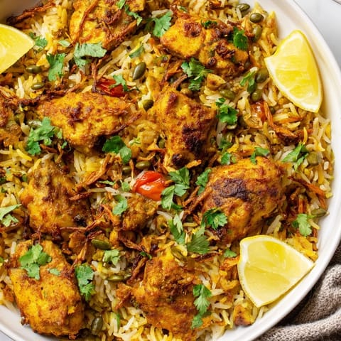Steaming Easy Chicken Biryani: a one-pot meal with fluffy rice and tender chicken, ready to serve.