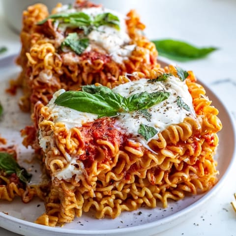 A close-up shot of Ramen Lasagna, bubbly cheese and golden edges enticing your appetite.
