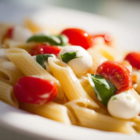 Enjoy a vibrant bowl of Caprese Salad Pasta, drizzled with olive oil and optional balsamic glaze.