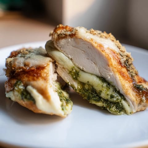 Juicy baked Mozzarella & Pesto Stuffed Chicken sliced open to reveal a rich basil and mozzarella filling, served alongside fresh green beans.
