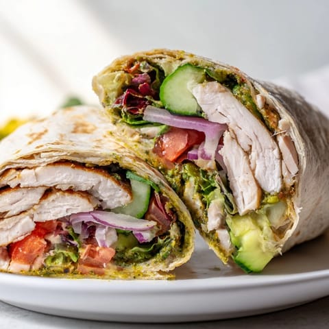 A vibrant chimichurri chicken salad wrap is sliced in half on a rustic board, revealing colorful layers.