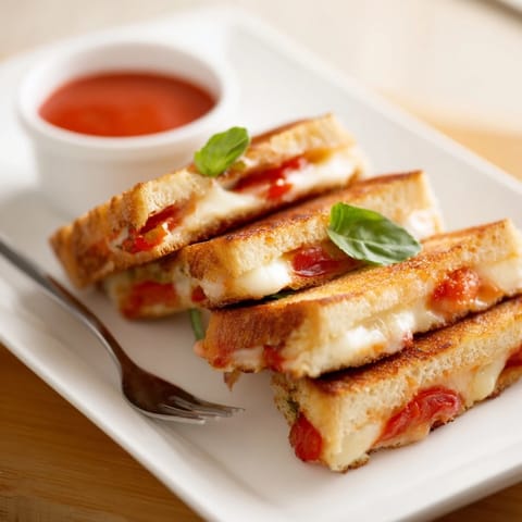 A close-up of crispy Caprese Grilled Cheese Dippers, showcasing layers of gooey mozzarella and juicy tomato slices beside a small ramekin of sauce.