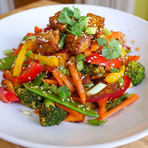 Sizzling Vegetable Tempeh Stir-Fry with golden cubes of tempeh and crisp, colorful veggies in a glossy, savory sauce.