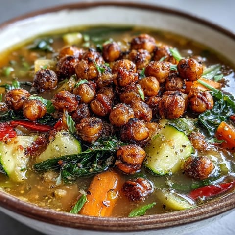 Golden roasted chickpeas crown this aromatic spiced chickpea and vegetable soup.