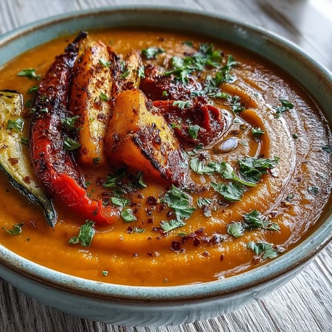 Warm, velvety Roasted Vegetable Soup, garnished with fresh parsley and savory croutons.