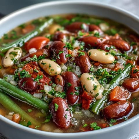 Hearty Three-Bean Salad Soup bursting with colorful beans and fresh garden vegetables.