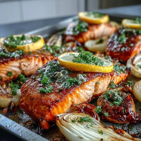 Bright One-Pan Roast Salmon with Leeks, Onions, and Parsley Dressing served on a plate with lemon wedges.