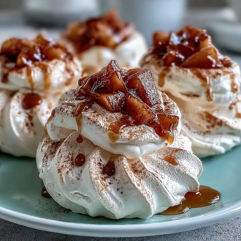 Golden-brown Mini Hot Toddy Pavlovas topped with creamy whipped cream and tender spiced pears on a rustic plate.