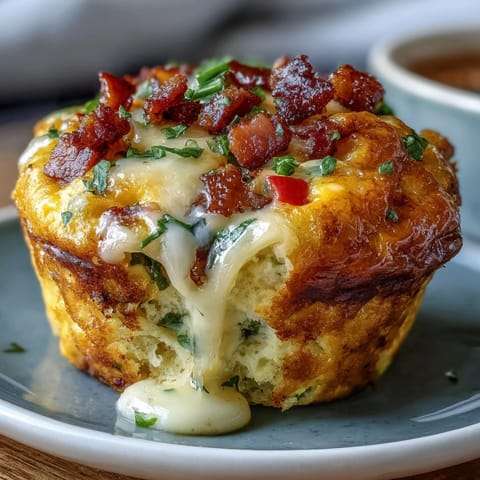 Golden-brown Breakfast Egg Muffins with melted cheddar, bacon, and bell peppers on a rustic white plate.