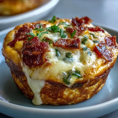 Hearty and fluffy Breakfast Egg Muffins studded with bacon and peppers, fresh from the oven on a wooden board.