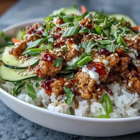 A close-up of Bang Bang Ground Turkey Rice Bowls garnished with sesame seeds and scallions, served with fresh lime wedges.
