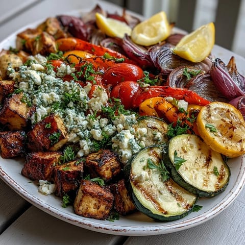 Colorful Roasted Mediterranean Greek Vegetables served warm from the oven, featuring caramelized cherry tomatoes and onions, ready to pair with grilled chicken or fish.