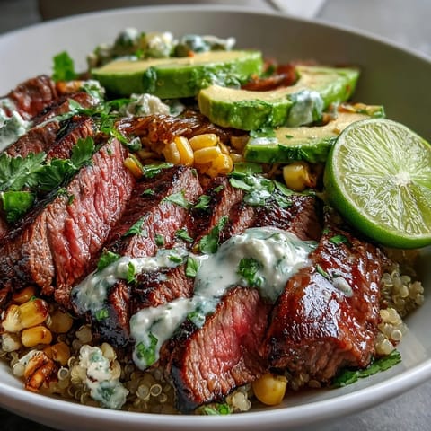 Juicy sliced steak, charred roasted corn, and creamy avocado fill this Tex-Mex bowl, topped with vibrant cilantro cream sauce.