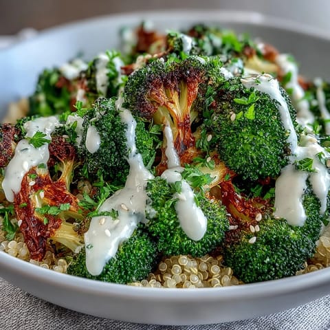 Crispy roasted broccoli bowl with fluffy brown rice, topped with sesame seeds, parsley, and lemon wedges for serving.