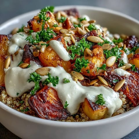Close-up of golden Roasted Root Vegetable Bowl with caramelized beets and carrots, drizzled with tahini sauce and sprinkled with pumpkin seeds.