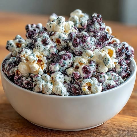 A large bowl of freshly made Black Currant Cheesecake Kettle Corn, perfect for a gourmet movie night snack.