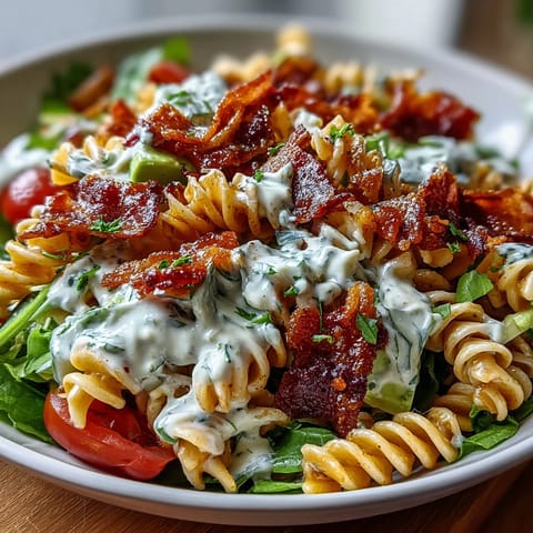 Fresh BLT pasta salad with bacon and avocado, served in a white bowl with cherry tomatoes and crisp lettuce.