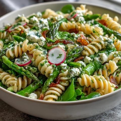 Fresh spring pasta salad with lemon vinaigrette and crisp radishes, perfect for a light lunch or picnic side dish.