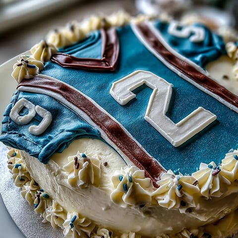 Festive graduation cake decorated like a sports jersey with personalized number and team colors.