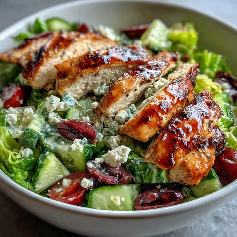 Vibrant Greek Salad Bowl with Grilled Chicken, loaded with marinated chicken, juicy tomatoes, Kalamata olives, and tangy feta on a bed of greens.