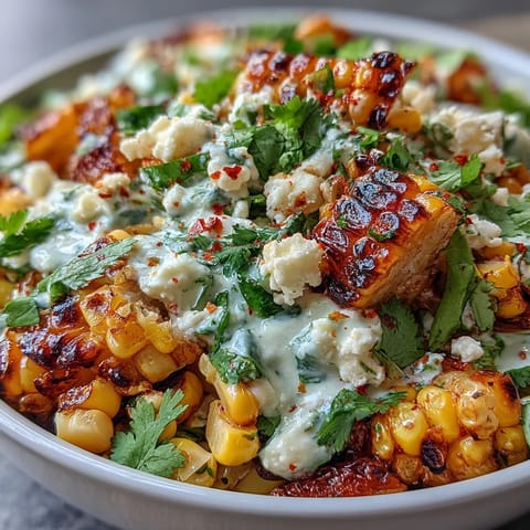 Vibrant Mexican Street Corn Salad with charred corn, Cotija cheese, and tangy lime dressing in a colorful bowl.  