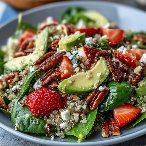 A vibrant strawberry avocado quinoa salad with juicy berries, creamy avocado, and fresh spinach in a citrus dressing.