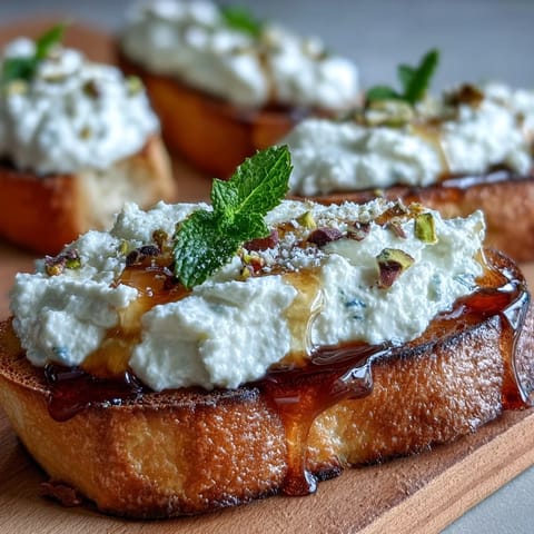 Creamy whipped ricotta spread on toasted baguette, drizzled with honey and sprinkled with pistachios for a sweet and savory appetizer.