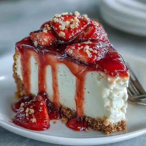 Velvety no-bake cheesecake layered over a crunchy graham cracker base and crowned with fresh strawberry topping.  