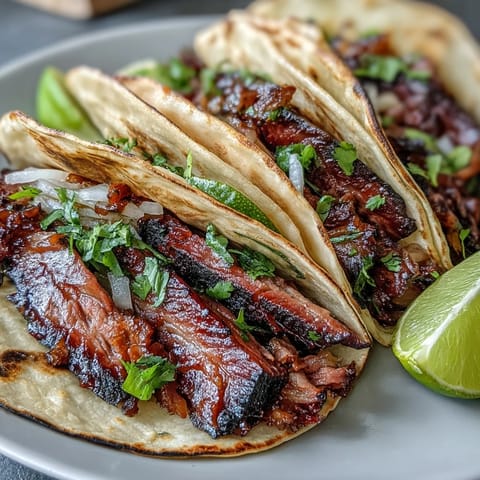 Tender, slow-smoked brisket tacos piled high with tangy pickled red onions and lime.