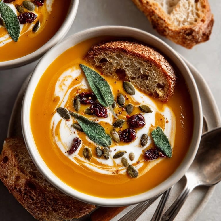 Golden roasted butternut squash and apple soup with a coconut milk swirl and festive toppings.