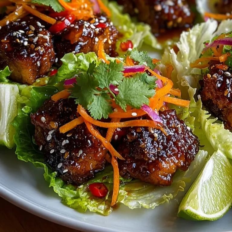 Savory and sweet Cherry-Coded Chili-Glazed Chicken Lettuce Wraps, served with fresh, crunchy vegetables and drizzled with chili glaze.
