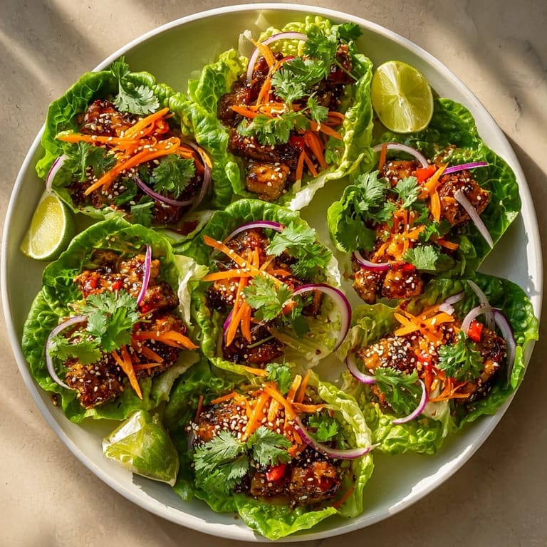 Enjoy the flavorful Cherry-Coded Chili-Glazed Chicken Lettuce Wraps featuring a sticky sweet-spicy glaze over juicy chicken.