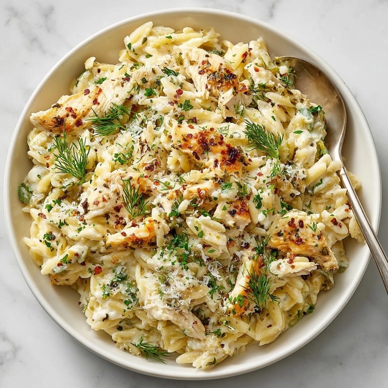 This photo displays a bubbling pan of Dill Pickle Chicken Alfredo Orzo alongside fresh dill sprigs.