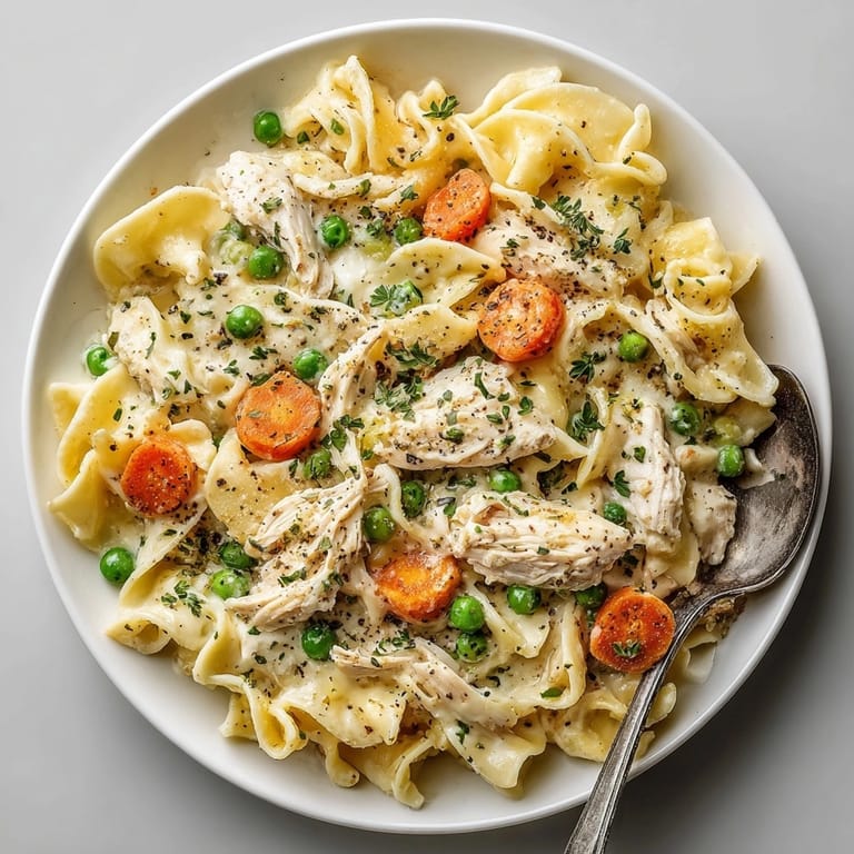 This creamy One-Pot Chicken Pot Pie Noodles dish features chicken, vegetables, and perfectly cooked pasta.