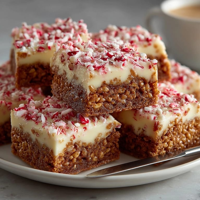 Close-up of homemade Silly Cake Gingerbread Crunch Bars, with a sweet white chocolate and crunchy cereal base.