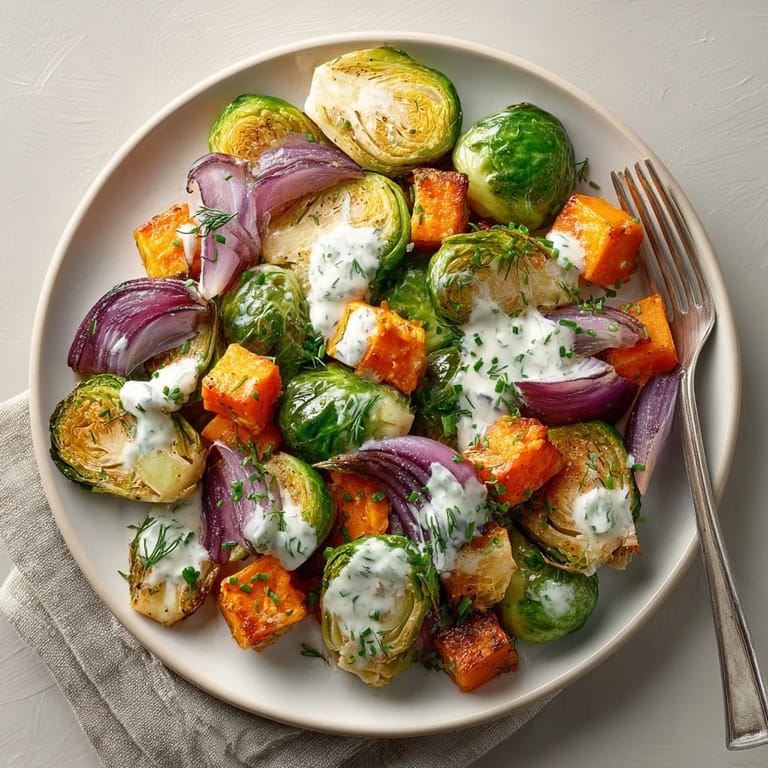 Enjoy the flavors of a warm Sheet-Pan Brussels & Sweet Potatoes meal, perfect for dinner.