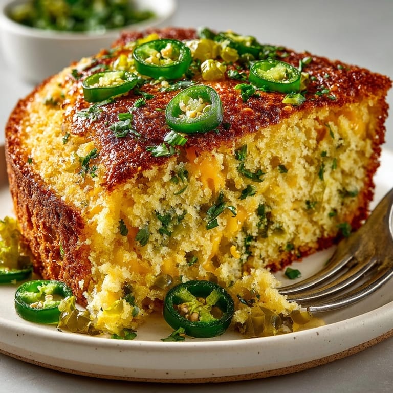 A freshly baked, bubbling Pickle-Fix Jalapeño Cheddar Cornbread Skillet, ready for serving.