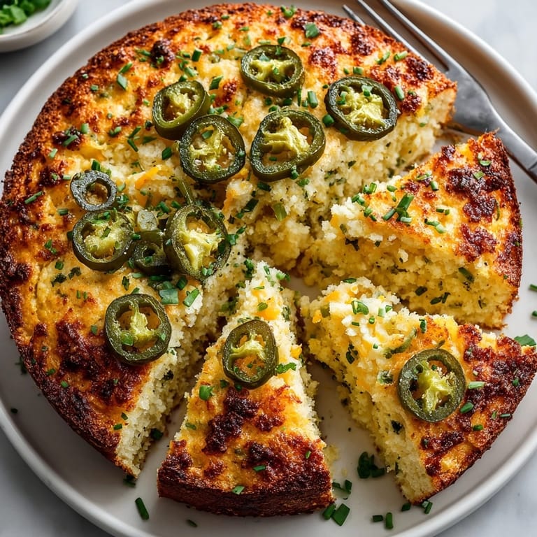 Close-up of a moist, flavorful Pickle-Fix Jalapeño Cheddar Cornbread Skillet with peppers and cheese.