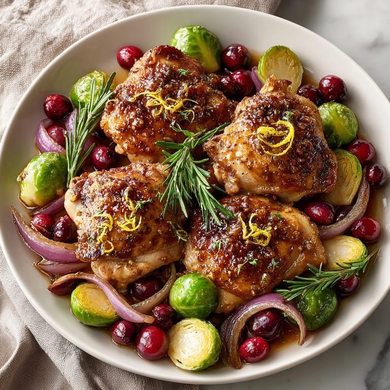 Close-up of crispy skin on Cranberry-Orange Sheet-Pan Chicken Thighs, with caramelized Brussels sprouts and juicy cranberries.