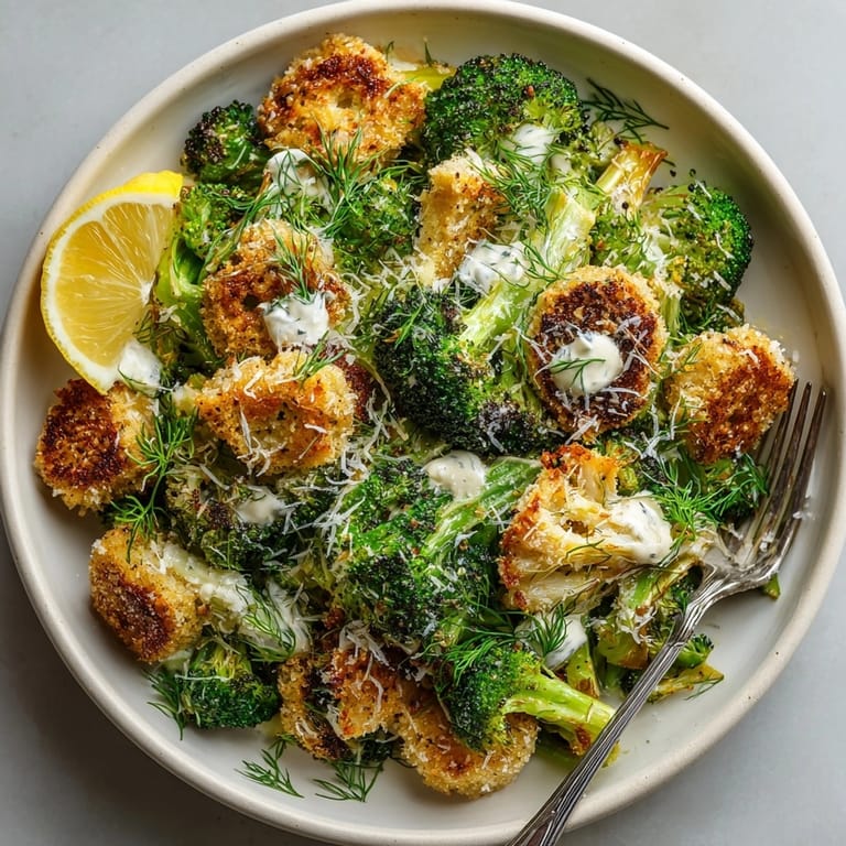 Freshly made Roasted Broccoli Caesar: tender broccoli florets and crunchy croutons piled high for serving.