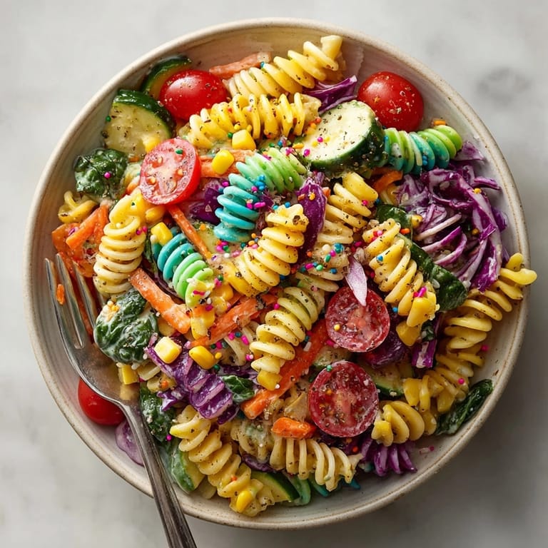 A close-up of the delicious Chaos Cake-Inspired Rainbow Pasta Salad, with pasta shapes and garden-fresh ingredients.