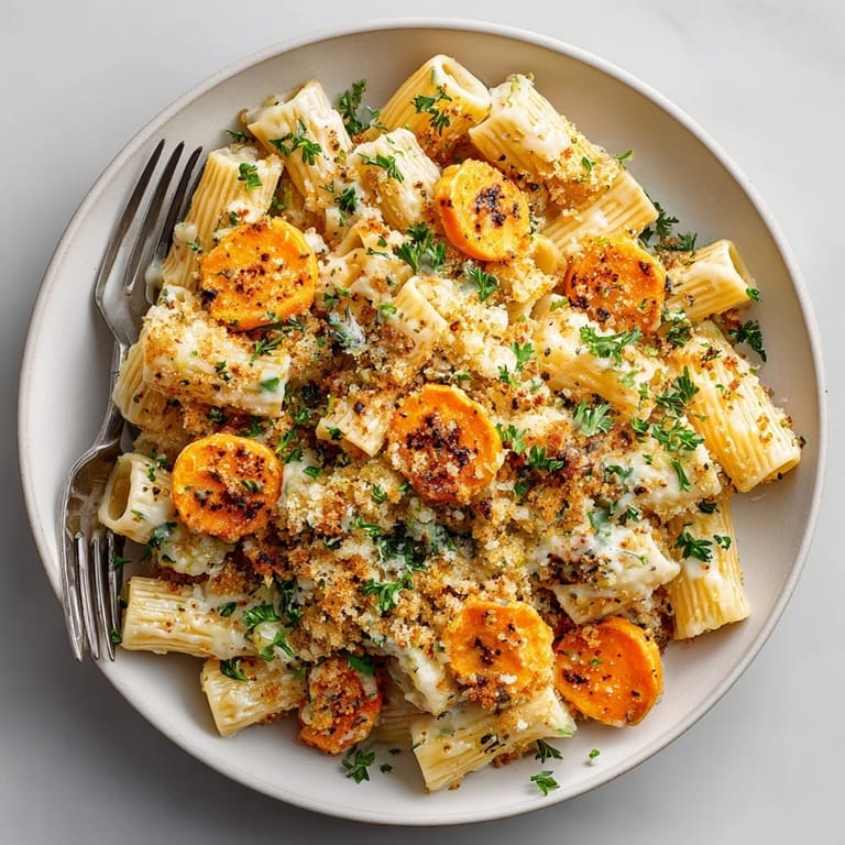 Savory, cheesy Thanksgiving Sweet Potato Pasta Gratin served as a vegetarian main, full of flavor.