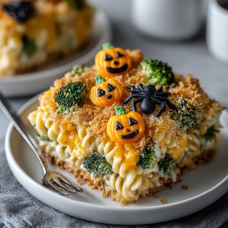 A close-up of comforting Halloween Cheesy Broccoli Pasta Bake filled with cheesy, tender broccoli.