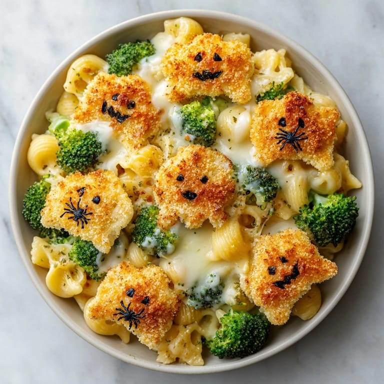 Enjoy a hearty helping of this cheesy Halloween Cheesy Broccoli Pasta Bake with crisp breadcrumb topping.