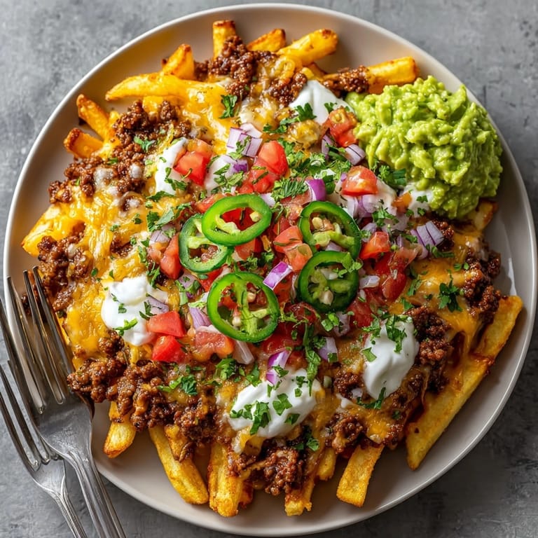 A close-up of mouthwatering Loaded Nacho Fries, overflowing with vibrant toppings and irresistible textures.