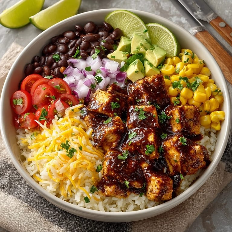 A tempting image of a Chicken Enchilada Rice Bowl, showcasing juicy chicken topped with cheese, ready to eat.