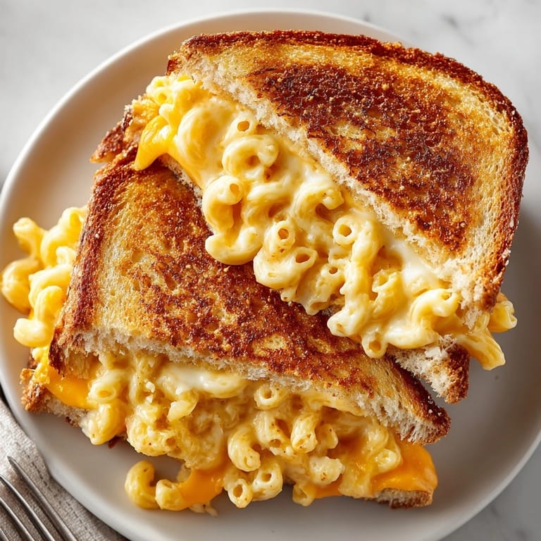 Plated mac and cheese grilled cheese sandwich served warm with crispy crust and a cheesy, comforting center.